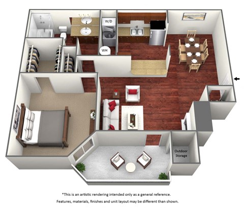 Floor plan for 1 bed, 1 bath, 713 sqft